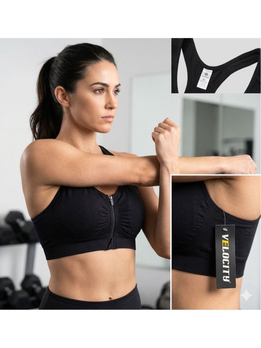 Velocity black, seamless, padded sports bra full-length front zipper Size XL